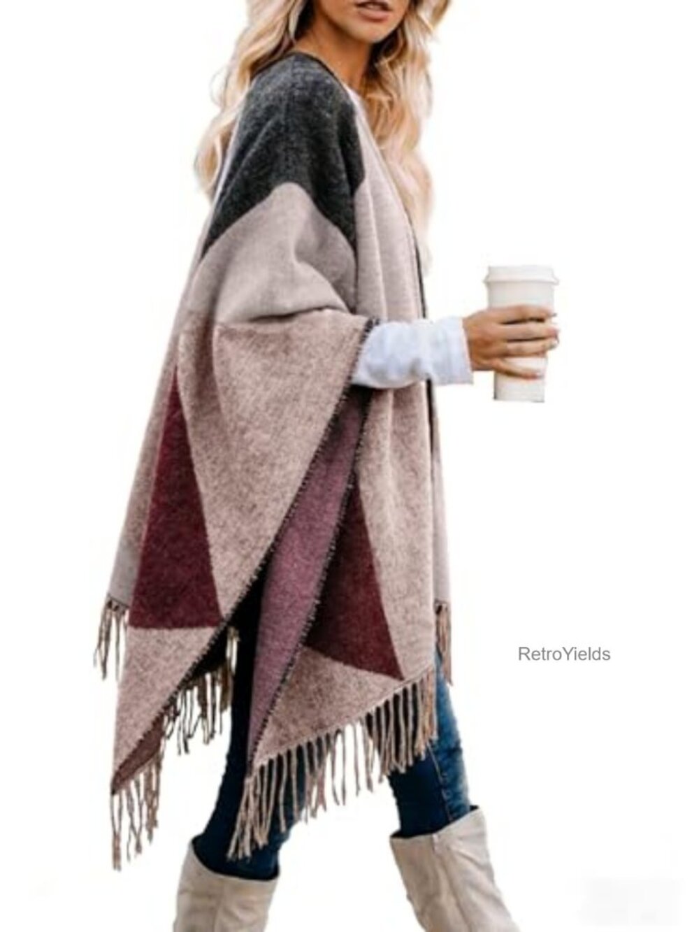 100% Acrylic Open Front Plaid Poncho Shawl Wrap Cape w/ Fringe, Fall Winter